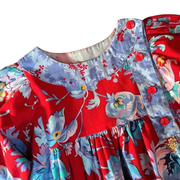 Vintage 90s Mousefeathers Girls Peasant Dress Sz 4 Boho Red Floral Midi A-line - Picture 5 of 10